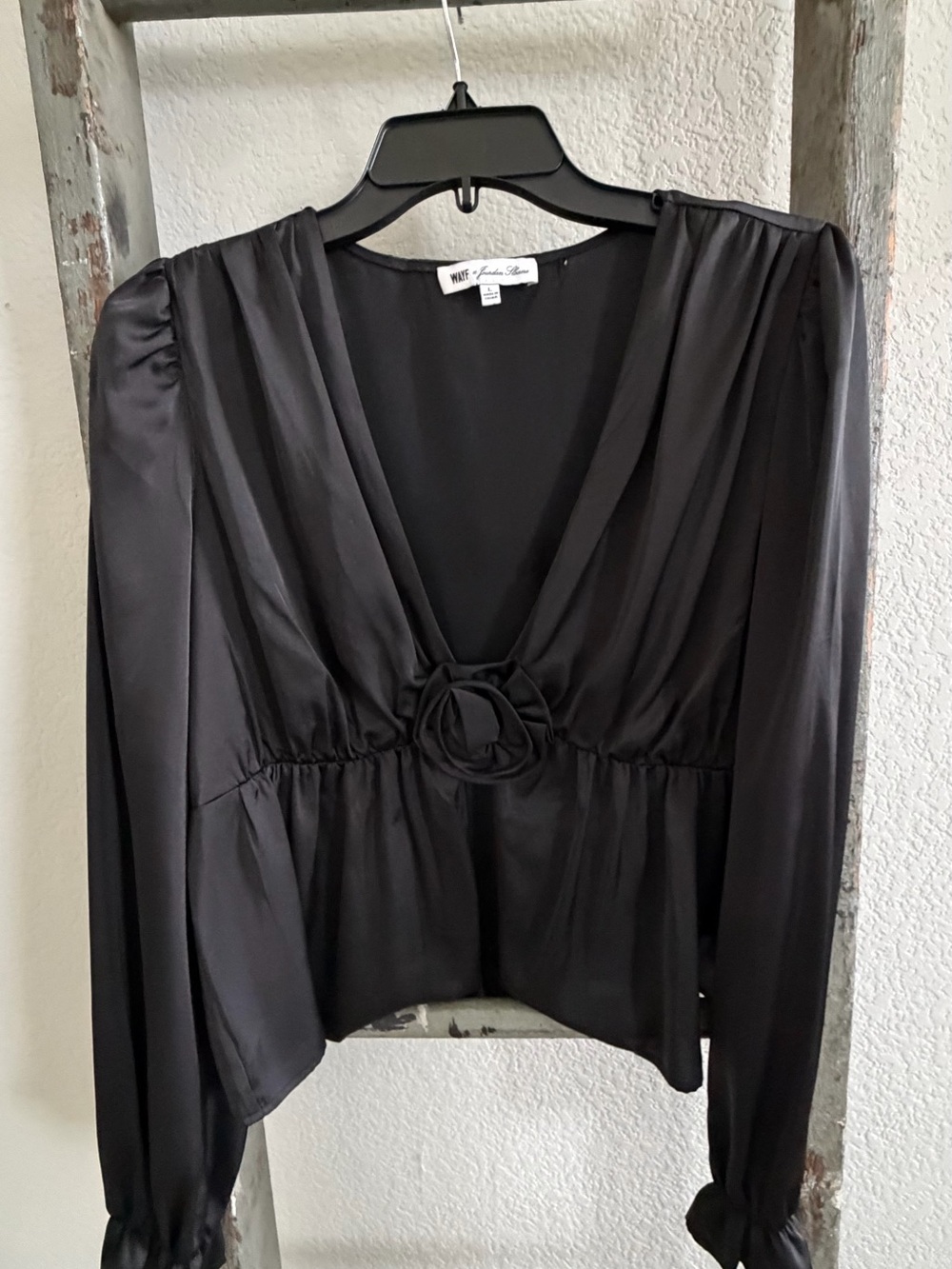 Wayf Black Satin V-Neck Blouse with Ring Detail